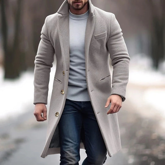 Men's Mid-Length Wool Coat – Winter Jacket with Suit Collar