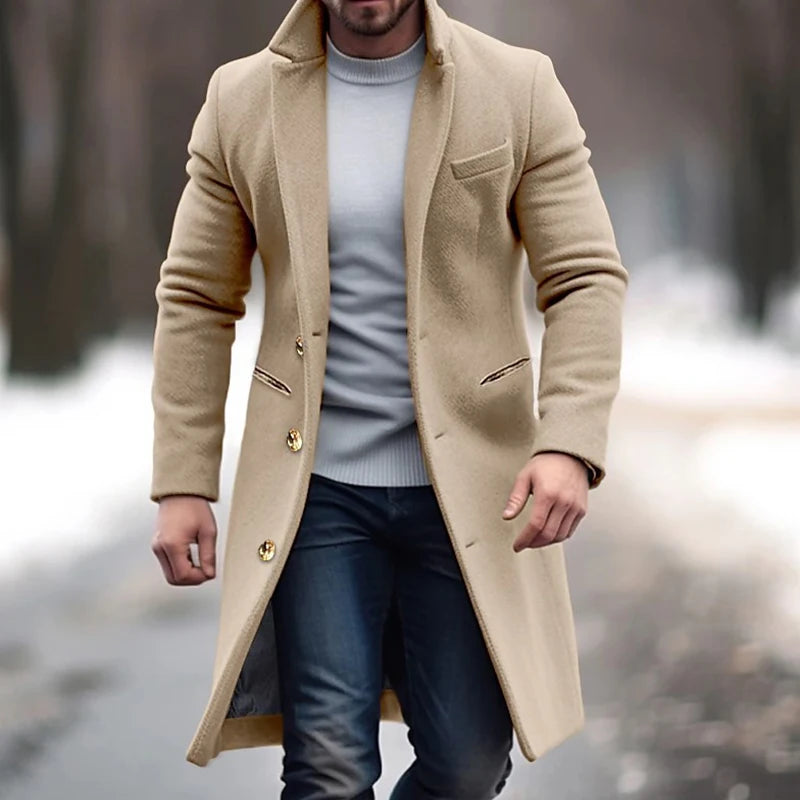 Men's Mid-Length Wool Coat – Winter Jacket with Suit Collar